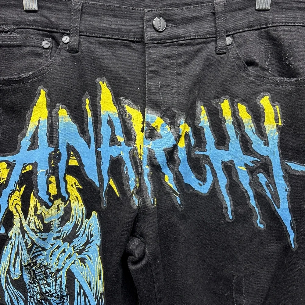GTFD Los‎ Angeles Button Fly Jeans Mens 38x32 Streetwear Distress Anarchy Flames